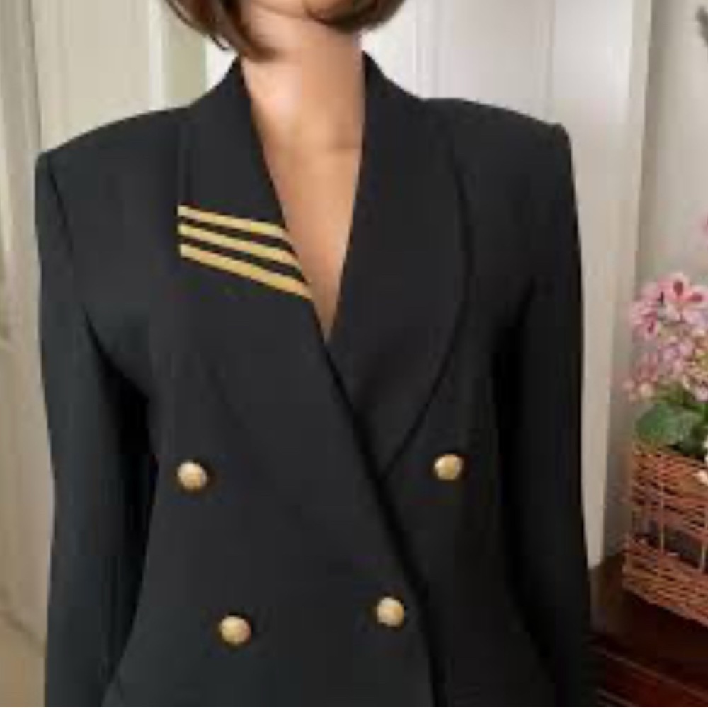 Casual Corner Vintage Petite Black Wool 100% Blazer Nautical Style Coat Jacket
